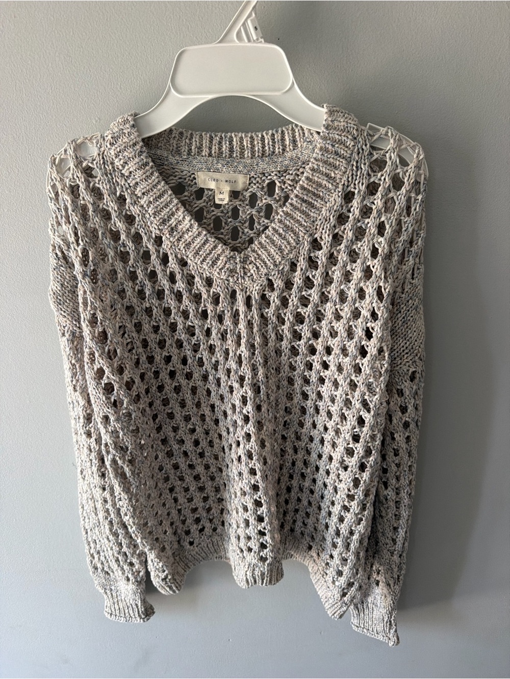Open-Knit V-Neck Sweater in Light Gray by Free People